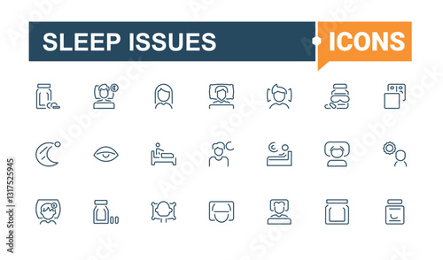 Sleep Issues linear icon. Featuring insomnia, bedding, pill, moon, bed and more. Sleep Problems icons. Outline symbol collection. Minimalistic icon collections.