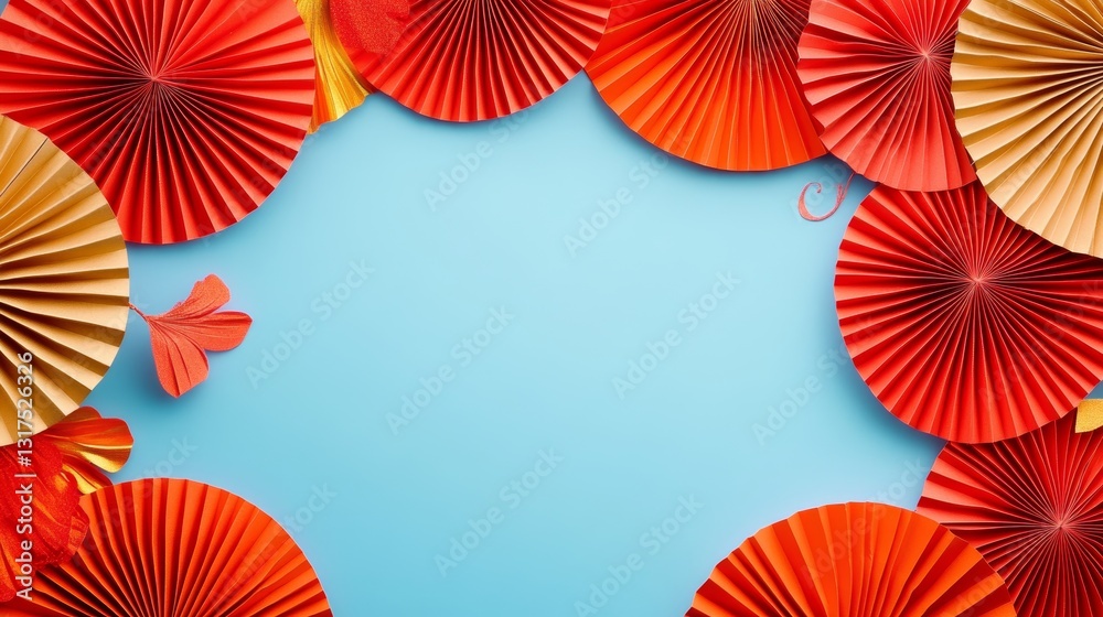 Obraz premium Colorful Paper Fan Decorations on a Light Blue Background