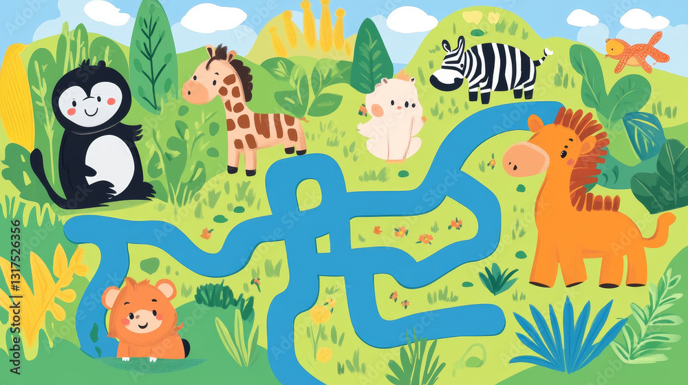 Fototapeta premium Maze game kids brain training education riddle puzzle with animals way tangled road printable background vector illustration.