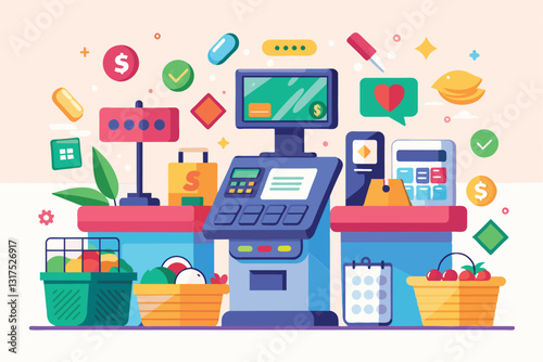 A self-checkout station showcases customizable features with various fruits, vegetables, and icons around it, Self checkout Customizable Disproportionate Illustration
