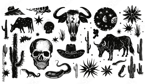 Mystic western linocut, engraving Texas desert print, vector canyon wildlife, cactus, bull, snake, skull silhouette, rodeo graphics, Arizona grunge texture, western boho style
