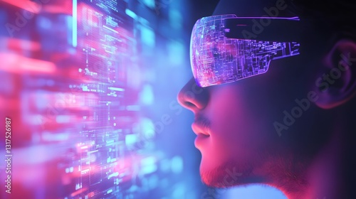 a person experiencing virtual reality, wearing VR glasses in a futuristic environment 