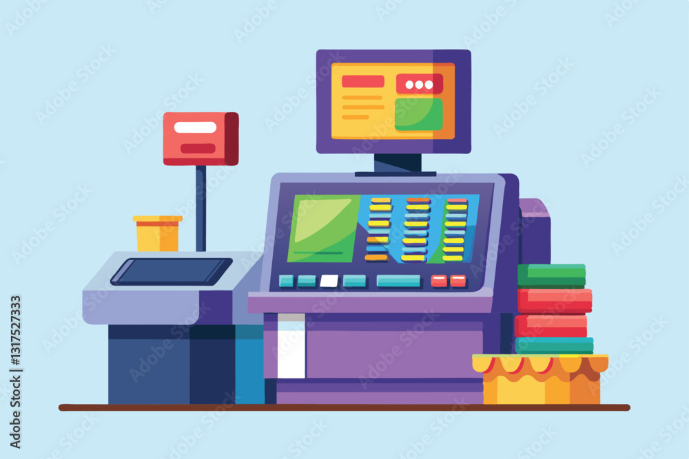 A modern self-checkout station featuring a touchscreen interface and colorful design elements enhances convenience, Self checkout Customizable Semi Flat Illustration A modern self-checkout station featuring a touchscreen interface and colorful design elements enhances convenience, Self checkout Customizable Semi Flat Illustration