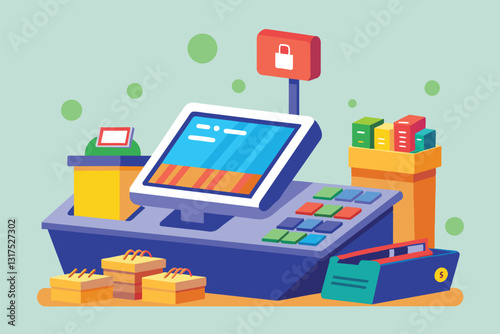 A self-checkout station showcases a semi-flat design surrounded by products ready for scanning, Self checkout Customizable Semi Flat Illustration
