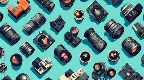 Professional camera lens binoculars glass look-see spyglass optics seamless pattern camera focus optical equipment vector illustration