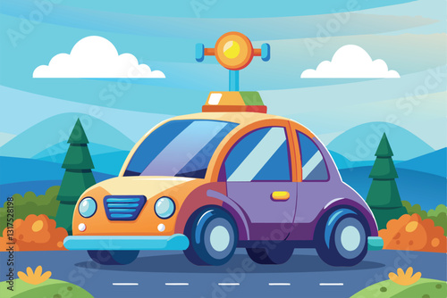 A colorful cartoon self-driving car is parked on a road surrounded by green trees and mountains, Self driving car Customizable Cartoon Illustration