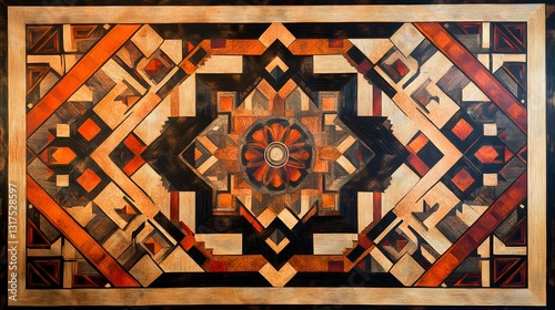 a detailed shot of a wooden inlaid table, featuring intricate geometric patterns in orange, brown, black and beige
