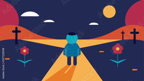 Road Less Traveled A character stands at the crossroads looking towards a vibrant path filled with flowers and sunshine. Behind them is a dark and foggy road representing the