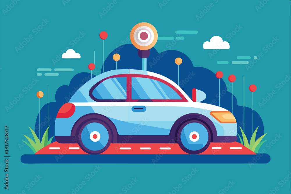 A self-driving car is depicted on a colorful road adorned with flowers and greenery in the background, Self driving car Customizable Flat Illustration A self-driving car is depicted on a colorful road adorned with flowers and greenery in the background, Self driving car Customizable Flat Illustration
