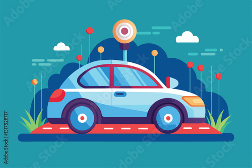 A self-driving car is depicted on a colorful road adorned with flowers and greenery in the background, Self driving car Customizable Flat Illustration