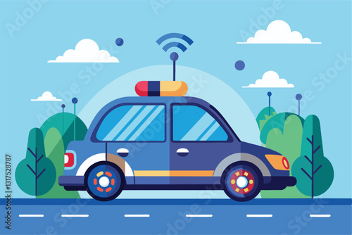 A semi-flat design of a self-driving car features customization options in a colorful backdrop, Self driving car Customizable Semi Flat Illustration