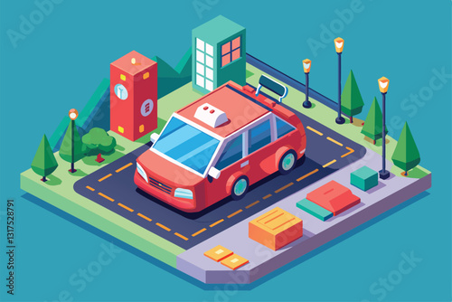 A vibrant isometric illustration features a customizable self-driving car parked in a cityscape with greenery, Self driving car Customizable Isometric Illustration