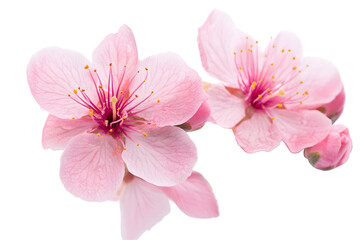 Blooming peach flowers on twig on white or transparent background
