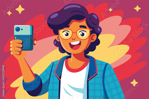 A cheerful cartoon character takes a selfie with a smartphone, set against a bright, vibrant backdrop, Selfie Customizable Cartoon Illustration