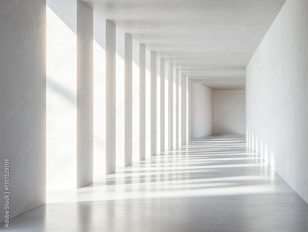 Fototapeta premium A long modern hallway with pillars and natural light shining through