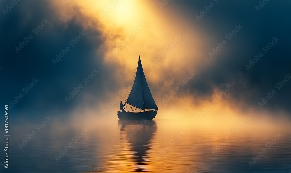 Fototapeta premium Lone sailboat sailing in the morning mist, creating a peaceful atmosphere