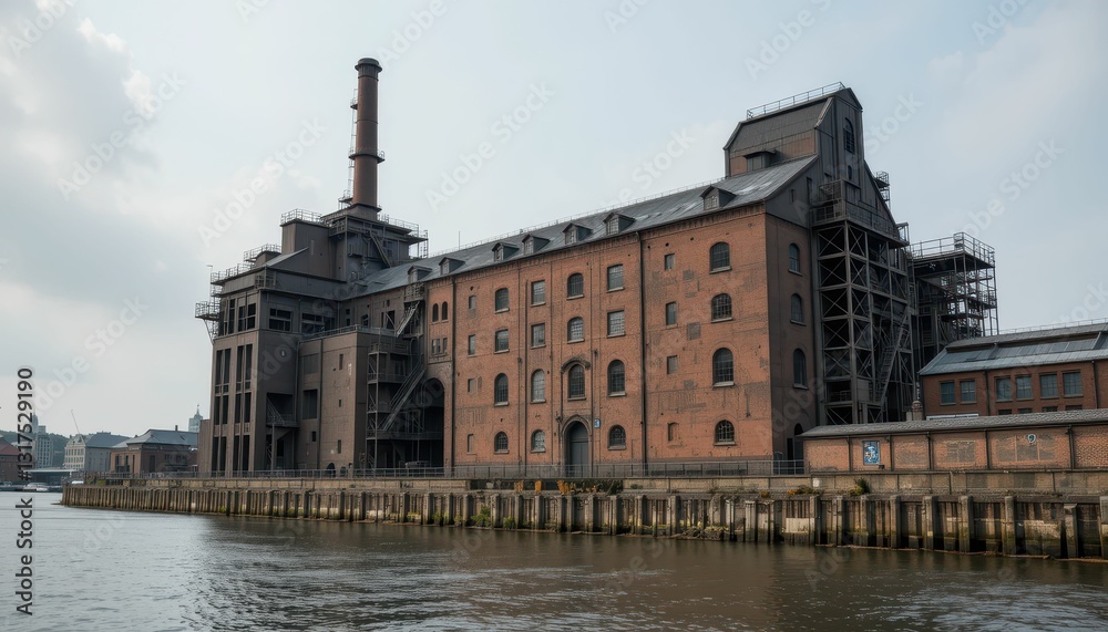 Fototapeta premium Historic Industrial Building by Water with Smoke Stack and Brick Facade