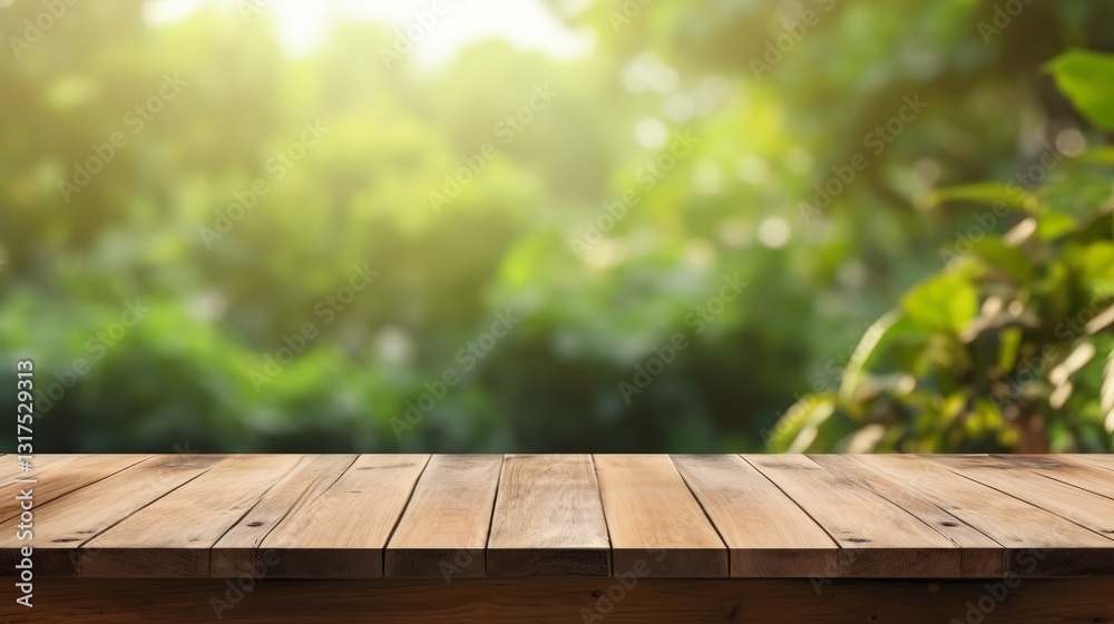 Empty Wooden Table in Front of a Blurred Green Forest Background Empty Wooden Table in Front of a Blurred Green Forest Background