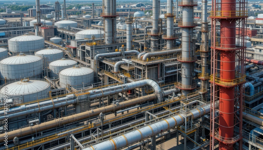 High-Resolution Industrial Oil Refinery Aerial View with Pipelines High-Resolution Industrial Oil Refinery Aerial View with Pipelines