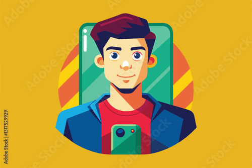 A young man is taking a selfie with a customizable illustration against a bright background, Selfie Customizable Semi Flat Illustration