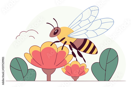 Cute bee on flower, vector illustration, pollination scene, nature theme, buzzing bee, floral design