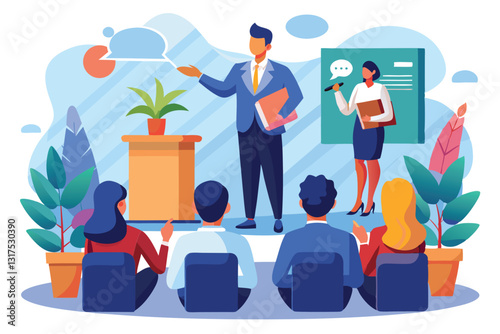 A speaker presents insights on public speaking while attendees actively participate and engage, Seminar and public speaking and event,