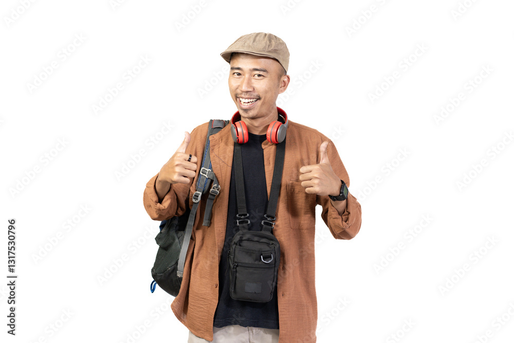 Excited young Indonesian man giving thumbs up to camera, travel concept, isolated on white background. Excited young Indonesian man giving thumbs up to camera, travel concept, isolated on white background.