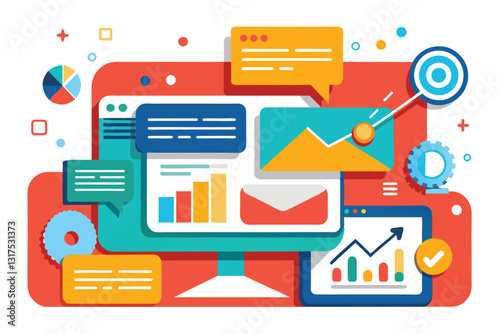 In a vibrant design, various digital marketing elements showcase data analysis and communication tools, Send data via message