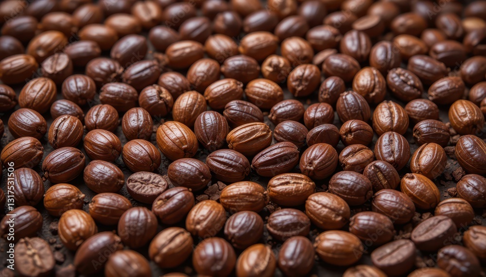 Freshly Roasted Coffee Beans Lying on Table Surface in Natural Light Freshly Roasted Coffee Beans Lying on Table Surface in Natural Light