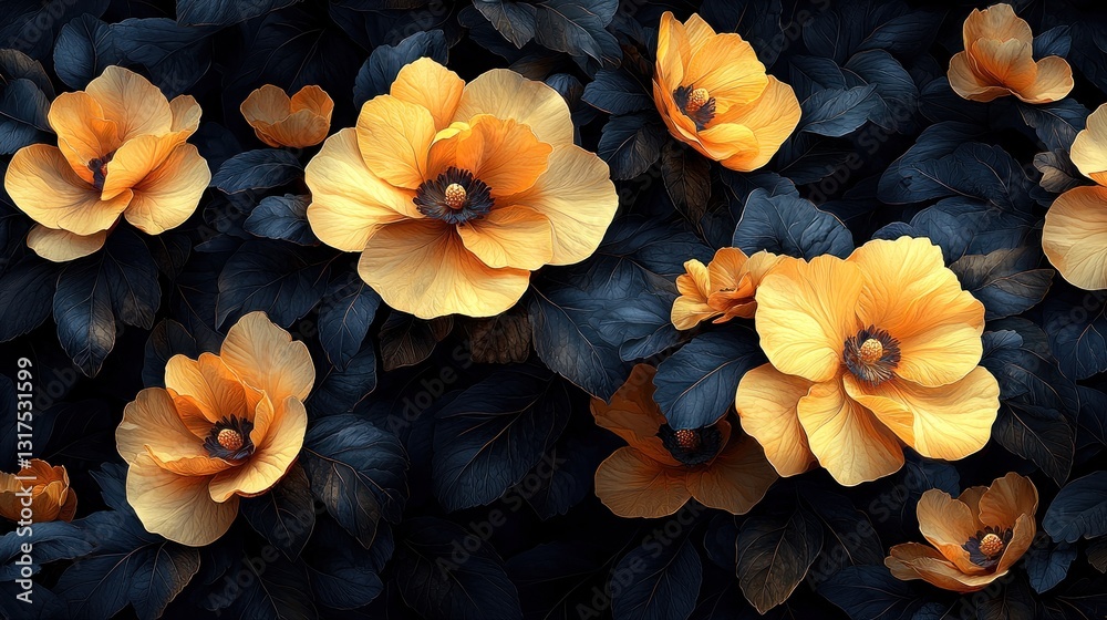Yellow flower blooms on dark leaves creating a floral and botanical background Yellow flower blooms on dark leaves creating a floral and botanical background