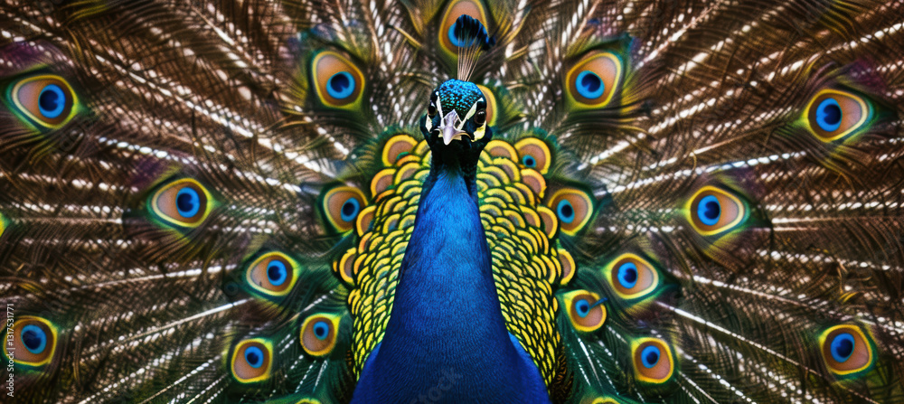 Obraz premium Majestic Peacock Displaying Vibrant Feathers for High-End Fashion or Jewelry Brand Banner