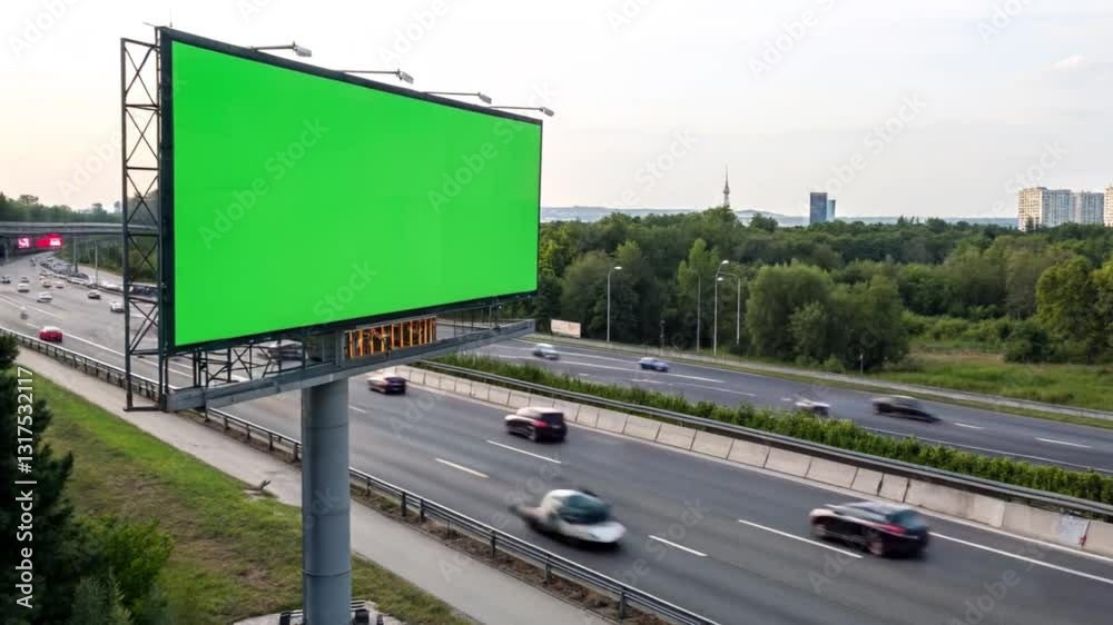Wide-Angle Greenscreen Billboard Along Busy Highway with Speeding Cars – Dynamic Energy for Ad Insertion