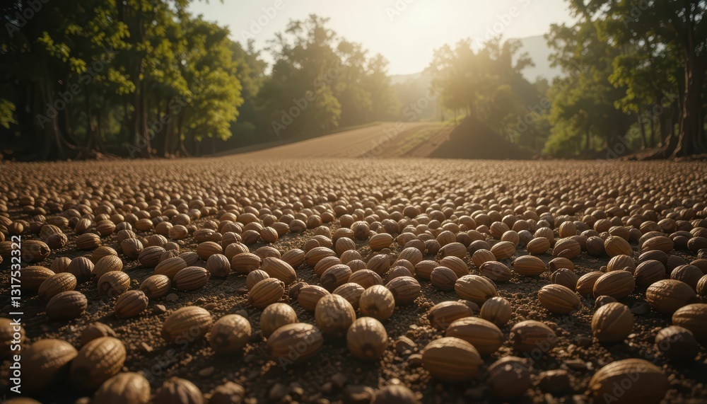 Fototapeta premium Ground Level View of Almonds Spread Under the Sunlight in Nature