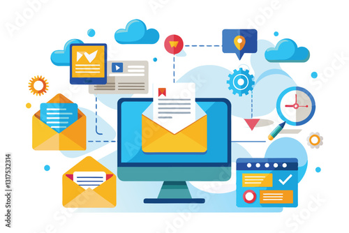 A computer displays an email being sent, surrounded by graphics representing data analysis and communication, Sending analysis data via email