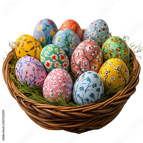 A Basket of Dyed Easter Eggs in Various Patterns Isolated on Transparent Background