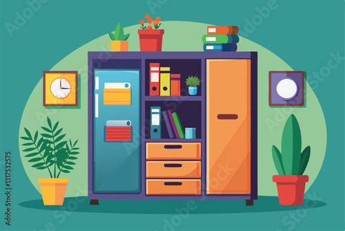 The office storage space includes a refrigerator, shelving with books, and decorative plants, Senior Employee's Personal Cabinet