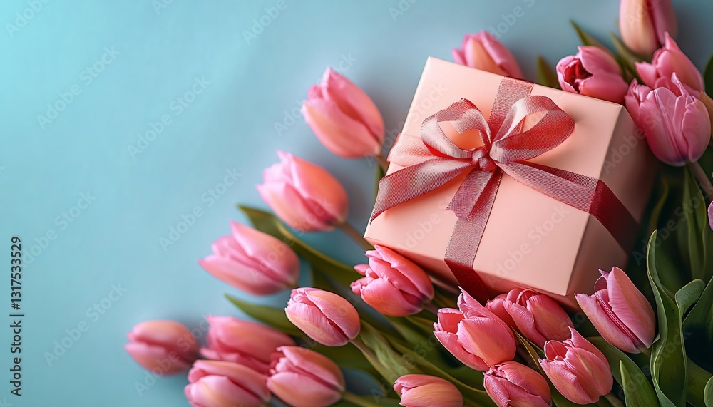 Fototapeta premium A minimalist flat lay featuring a gift box and tulips, perfect for Valentine's Day, Mother's Day, or birthdays, with ample copy space for text or branding.