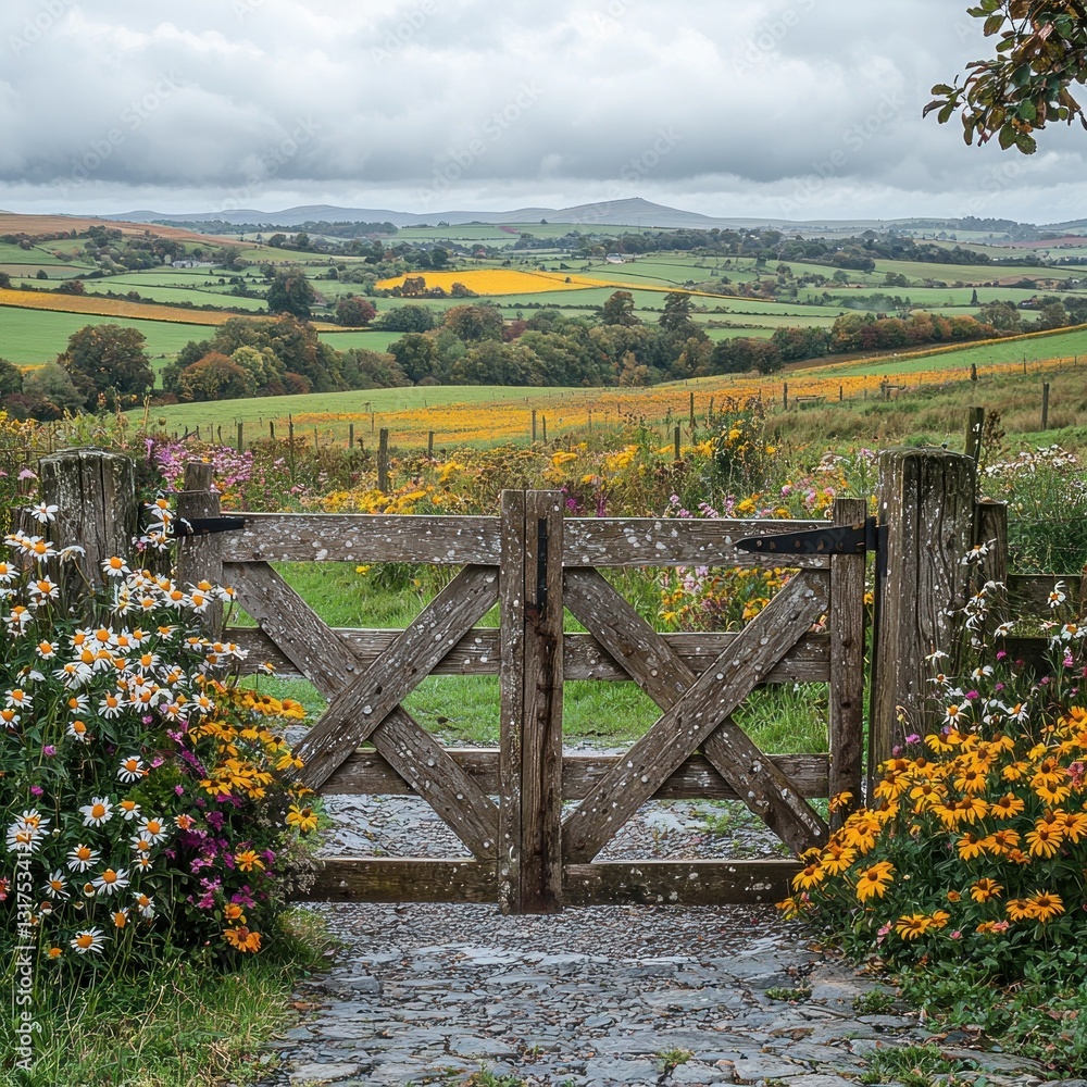 Fototapeta premium Rural landscape Wooden gate frames flowers overlooking rolling hills under a cloudy sky
