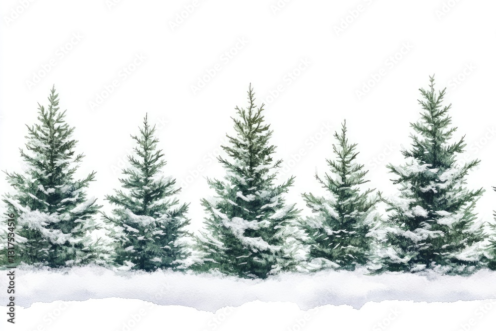 Obraz premium Snow covered evergreen trees, minimalist yet elegant watercolor design