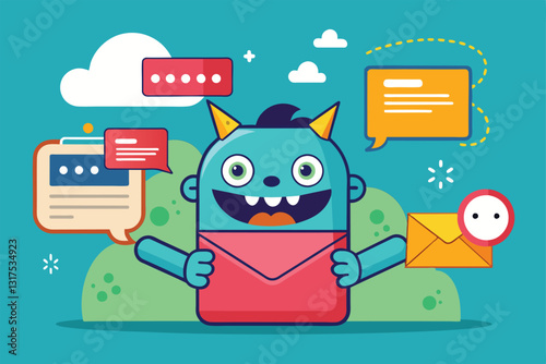 A lively monster character interacts with customizable message bubbles and an envelope, symbolizing communication, Sent message Customizable Isometric Illustration