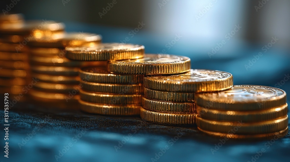 Gold coins stacked in descending rows. Depth of field against blue backdrop Gold coins stacked in descending rows. Depth of field against blue backdrop