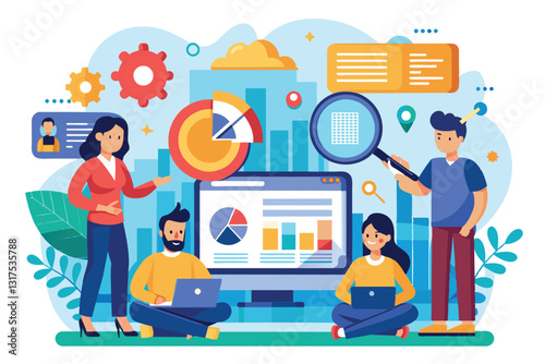 A group of team members analyzes data analytics using laptops and charts in a collaborative workspace, Seo analytics team Customizable Semi Flat Illustration