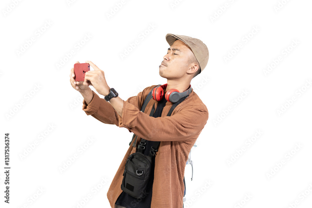 young indonesian male traveler taking selfie while traveling, travel concept, isolated on white background. young indonesian male traveler taking selfie while traveling, travel concept, isolated on white background.