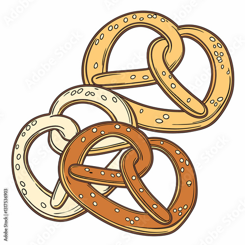 Realistic vector artwork of pretzels, showcasing detailed, full-image design for food-themed graphics and illustrations.