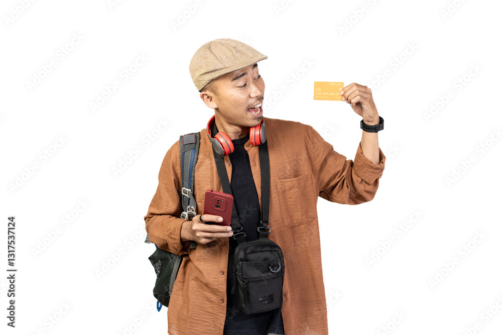Young Indonesian male traveler traveling with credit card, convenience of cashless transaction, travel concept, isolated on white background. Young Indonesian male traveler traveling with credit card, convenience of cashless transaction, travel concept, isolated on white background.