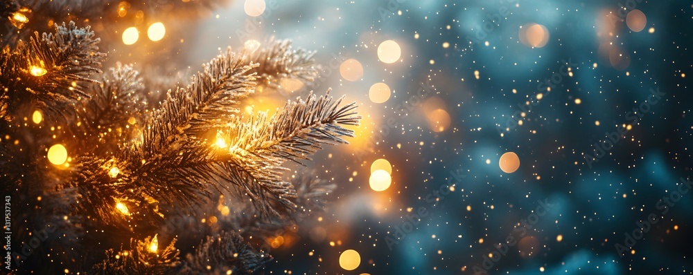 Fototapeta premium Festive background with a Christmas tree branch with bokeh lights and a snowy atmosphere.