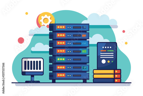 A colorful illustration showcases a customizable server setup alongside a monitor and storage devices, Server Customizable Flat Illustration
