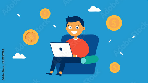 Happy Investor A character sitting comfortably in a chair with a laptop surrounded by floating coins and dollar signs representing the ease of earning income through staking.