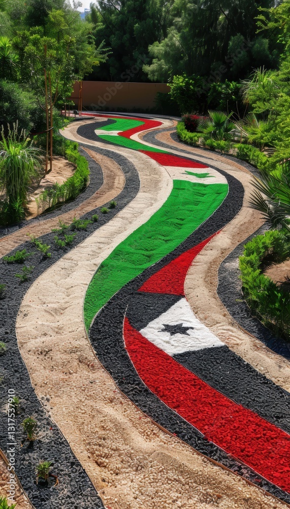 Obraz premium UAE Flag Art Installation: Sand and Greenery Landscape Representing Nature and Tradition