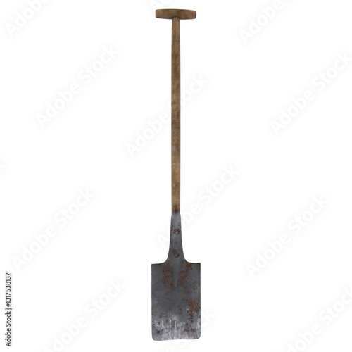 Rustic shovel with wooden handle and metal blade in 3D rendering